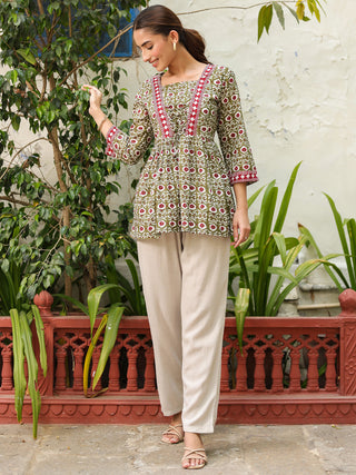 Green Ethnic Motif Print Peplum Top