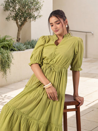 Olive Green Solid Flared Midi Dress with V-Neck Mandarin Collar