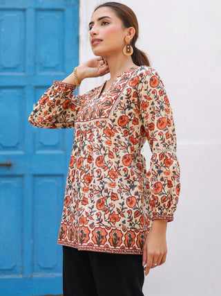 Orange Ethnic Motif Print Lace Top