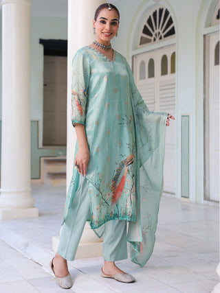 Ethnic Motifs Printed Zari Chanderi Cotton Kurta With Trousers & Dupatta