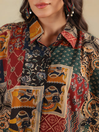 Printed Shirt Collar Cotton Top