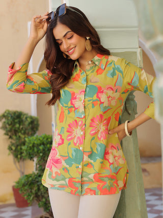 Women Abstract Printed Roll-Up Sleeves Shirt Style Cotton Regular Top