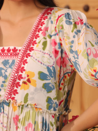 White Paisley Print Rayon Crepe Tiered Dress