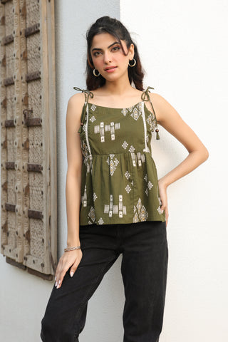 Green Abstract Print Fit & Flare Top