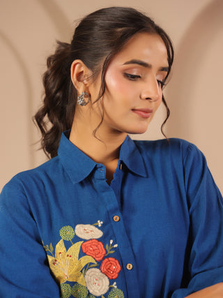 Blue cotton solid shirt style tunic cord set with matching tousers