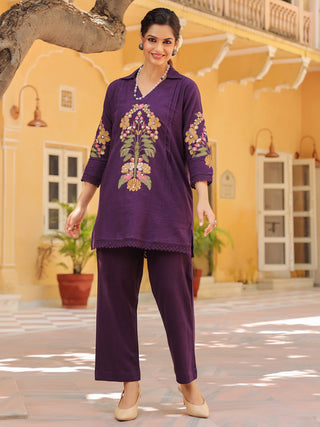 Floral-Embroidered Cotton Tunic With Trouser Co-Ords