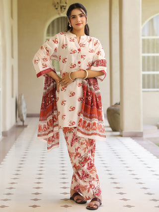 Off White Ethnic Motif Print Lace 3-Piece A-Line Kurta Set