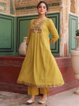 Floral Embroidered Mirror Work Pure Cotton Kurta With Trouser & Dupatta