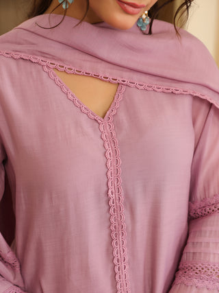 Lilac Lace Chanderi A-Line Kurta Set with Pocket