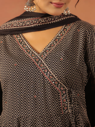 Black cotton chevron printed anarkali kurta set with solid trouser and printed cotton dupatta