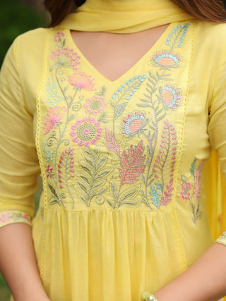 Yellow Floral Embroidered 3-Piece Anarkali Kurta Set