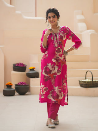 Floral Printed Cotton Silk Mirror Work Kurta With Trousers & Dupatta