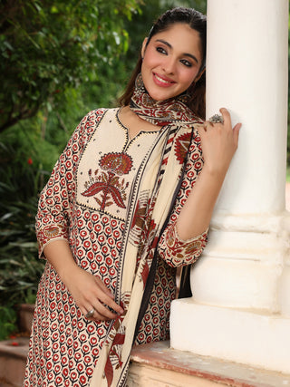 Rust Striped Embroidered 3-Piece Straight Kurta Set