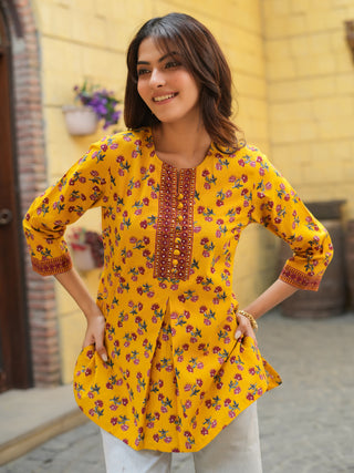 Women Mustard Ethnic Motifs Printed, Sequinned Pure Cotton Kurti