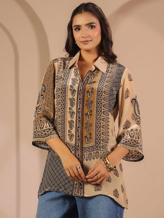 Beige ethnic printed crepe shirt