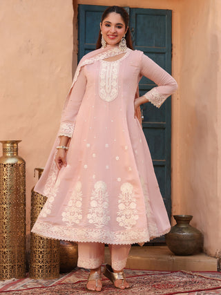 Peach Embroidered Lace 3-Piece Anarkali Kurta Set