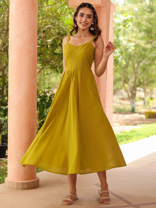 Olive Green Solid Fit & Flare Dress