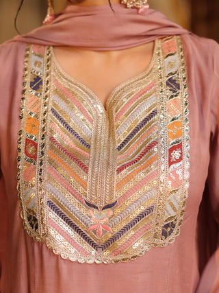 Mauve Embroidered Chanderi A-Line Kurta Set with Pocket
