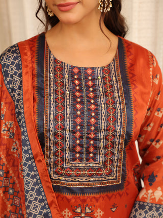 Rust Ikat Print Chanderi Straight Kurta Set
