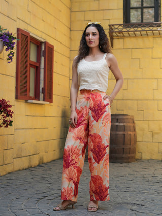 Women Pastel Tropical Printed Trouser And Jacket With Pure Cotton Chiffly Crop Top