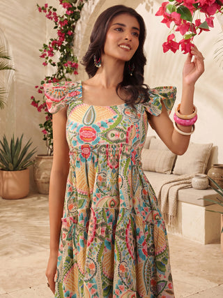 Multicolor Printed Cotton Fit-and-Flare Sleeveless Dress