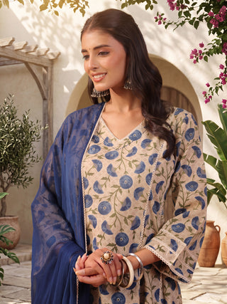 Beige Ethnic Motif Print Lace 3-Piece Kurta Set