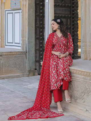 Women Red Floral Printed Empire Line Anakali Kurta With Trouser And Dupatta