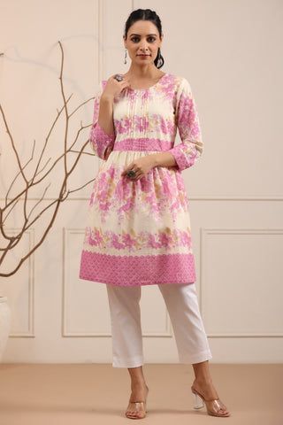 Women Cream and Pink Floral Printed A-Line Tunic