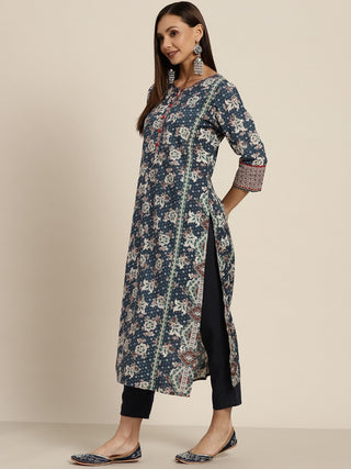 Women Navy Blue Pure Cotton Floral Print Straight Kurta