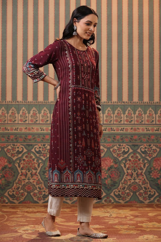 Women Maroon Digital Printed Pure Cotton Straight Kurta