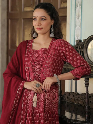 Women Panel Printed Maroon Anarkali Kurta With Trouser And Dupatta