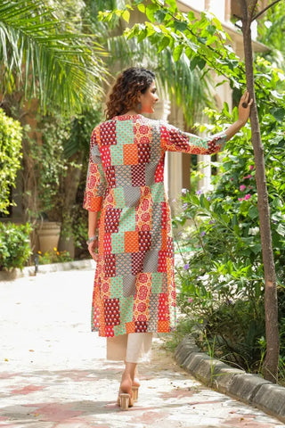 Women Multi-Color Red Patch Printed A-line Kurti