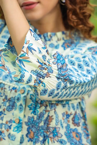 Women Blue Floral Ruffle Sleeve Top