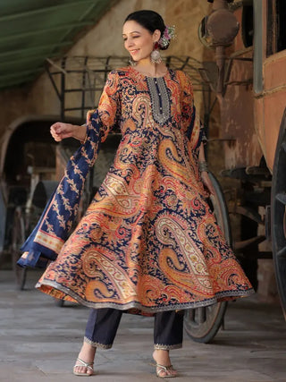 Women Blue Paisley Printed Anarkali Kurta With Trouser And Dupatta