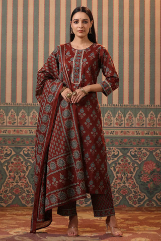 Women Rust Ethnic Printed Pure Cotton Straight Kurta with Palazzos & Dupatta