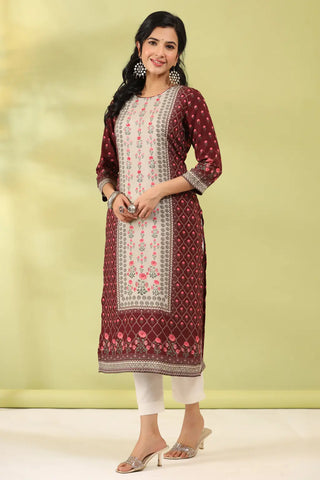 Women Maroon Digital Printed Embroidery Straight Kurta