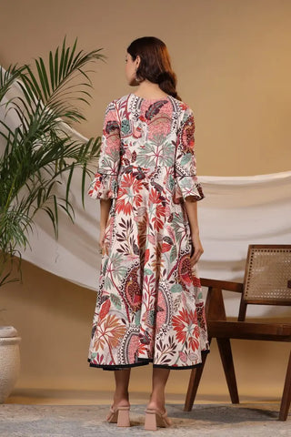 Women Tropical Printed Bell Sleeves Pure Cotton Wrap Midi Ethnic Dress