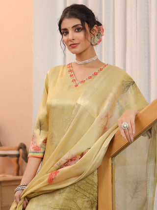 Peacock Printed Thread Work Chanderi Cotton Kurta With Trousers & Dupatta