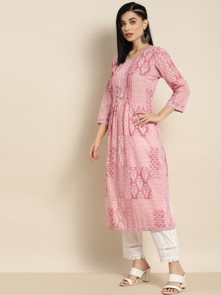 Women Peach-Coloured Ethnic Motifs Printed Sequinned Pure Cotton Kurta with Trousers