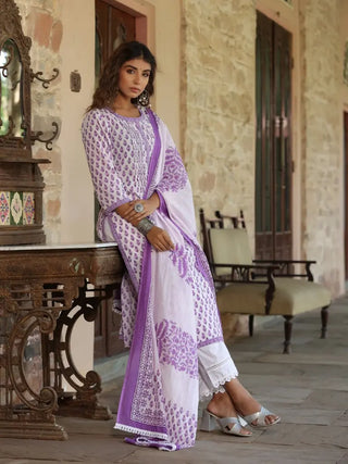 Women Purple-Coloured Ethnic Motifs Printed Sequinned Pure Cotton Kurta with Trousers And Printed Dupatta