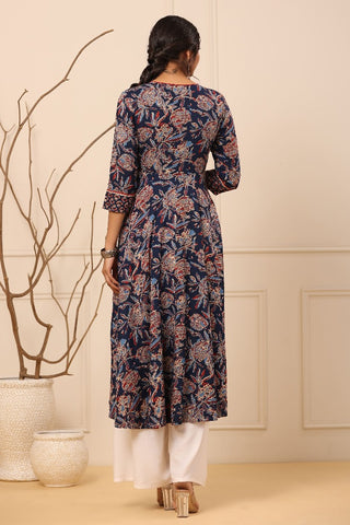 Women Navy Blue Ethnic Motifs Printed Aline Kurta