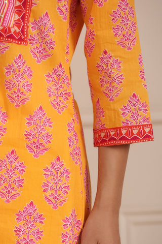 Women Orange & Pink Ethnic Printed Sequinned Pure Cotton Kurti