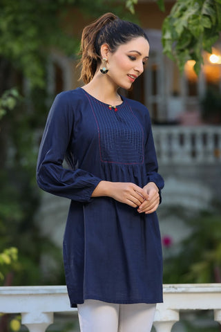 Women Navy Blue Solid Embroidered & Thread Work Cotton A line Kurti