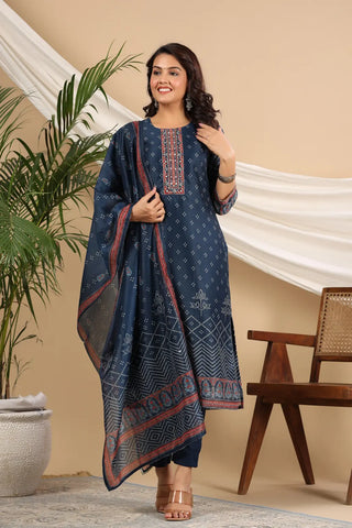 Women Blue Bandhani Printed Sequinned Kurta Set