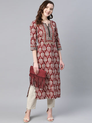 Women Burgundy Pure Cotton Printed A Line Kurta