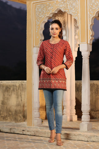 Women Rust & Beige Pure Cotton Kurti