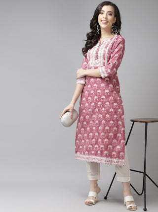 Women Rust Red & White Pure Cotton Ethnic Motifs Printed Kurta