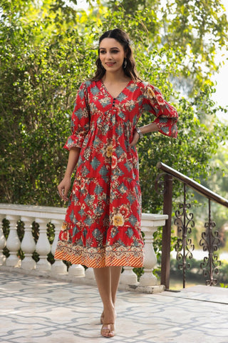 Women Red Ethnic Floral Printed Pure Cotton Knee Length A Line Midi Dress