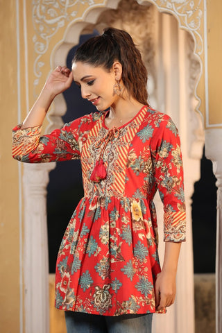 Women Red Floral Print Pure Cotton A Line Peplum Top