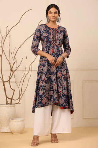 Women Navy Blue Ethnic Motifs Printed Aline Kurta